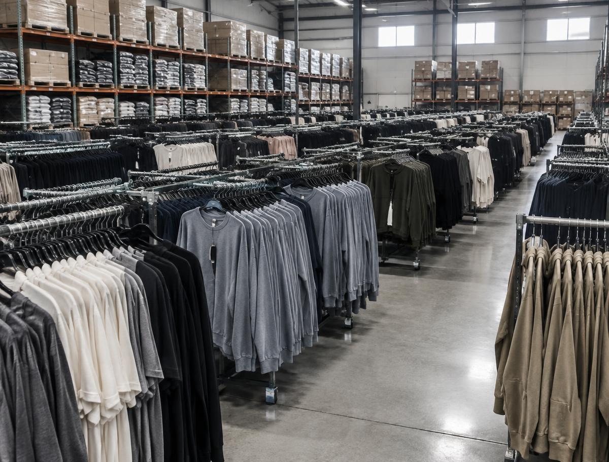 Racks of mass-produced clothing in a large warehouse