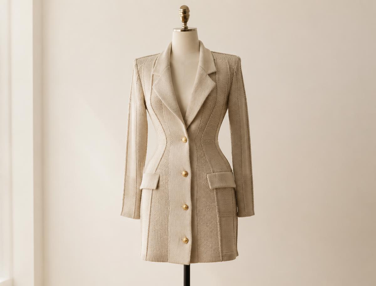 Knitted blazer dress on a tailor mannequin