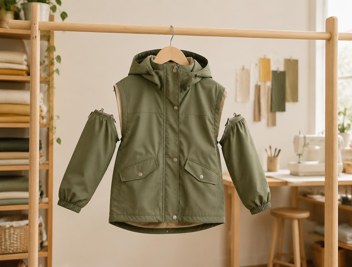 Children's parka with detachable sleeves on a rail in a textile studio